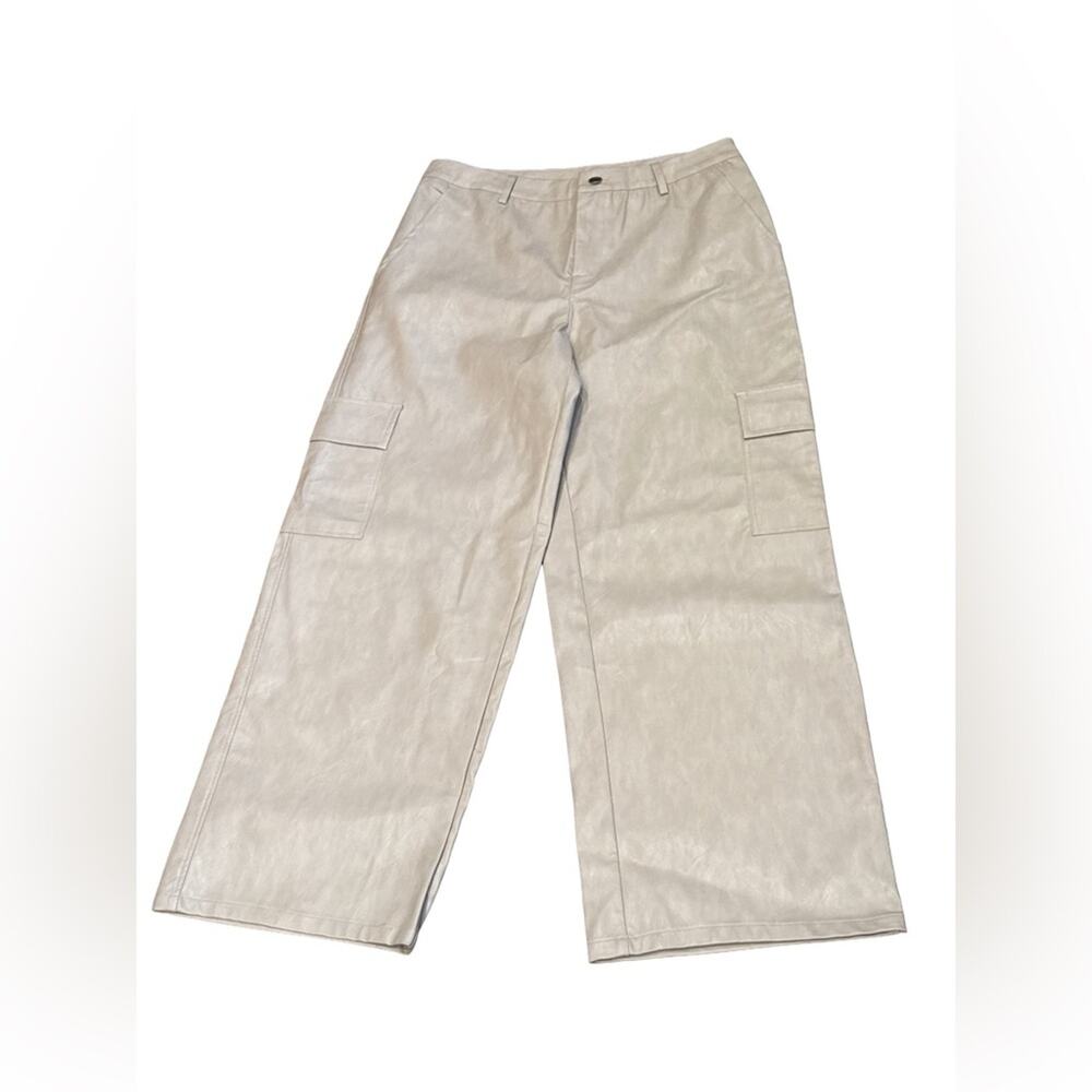 NWT Le Lis Cream Faux Leather Pants Womens Large cargo wide leg pockets vegan